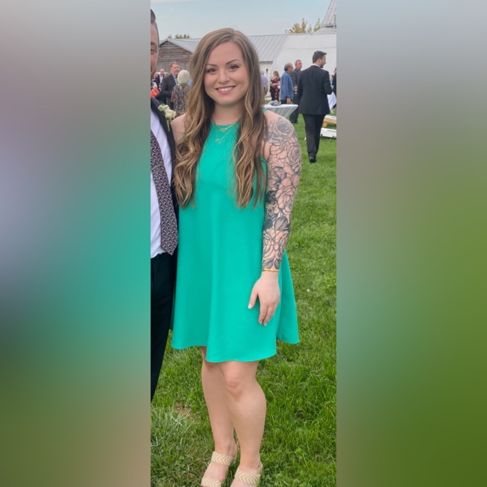 Wayf lined bright blue green dress